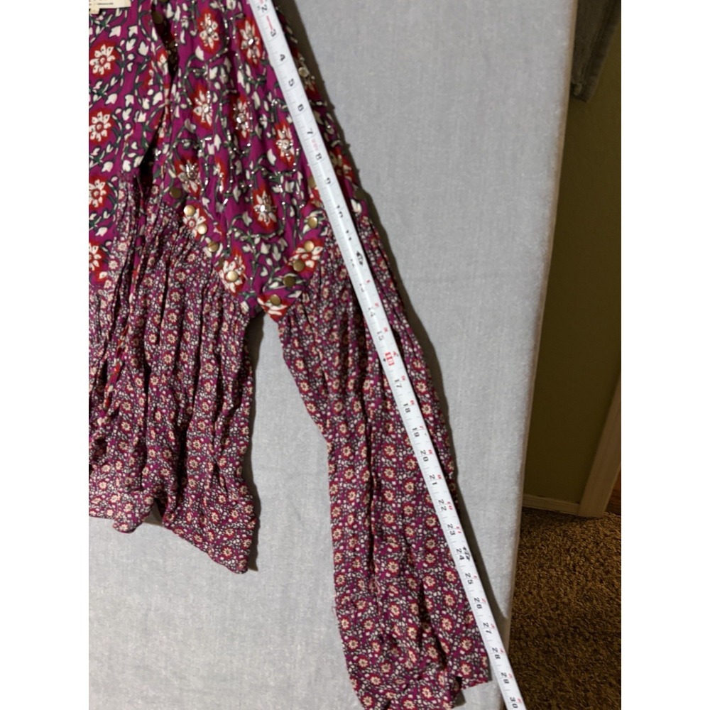 FREE PEOPLE Women Multicolor Long Flare Sleeve Boho Peasant Style Blouse Sz L - Picture 11 of 15